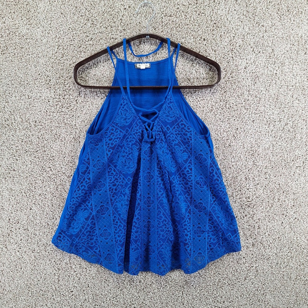 Eyeshadow Tank Top Womens Medium Blue Halter Lace Front Boho Sleeveless